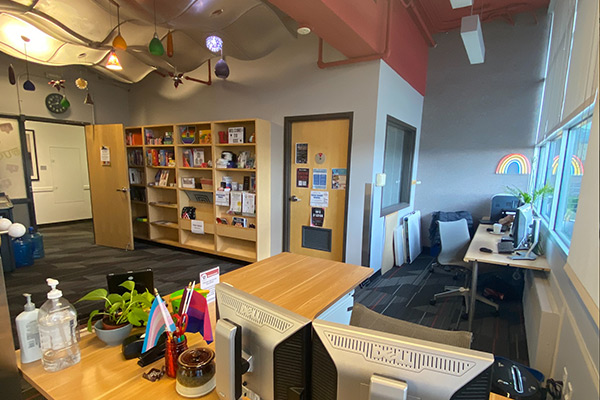 center with desk and bookshelves